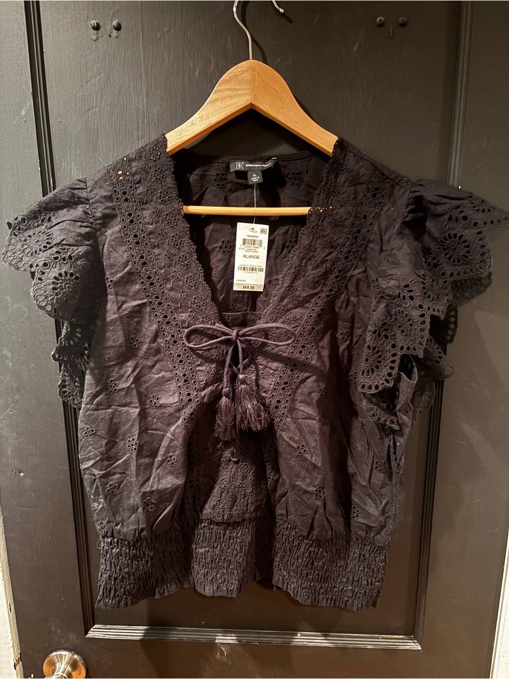 INC International Concepts Nomad Black Eyelet Ruffle Peasant Blouse Size XL NWT